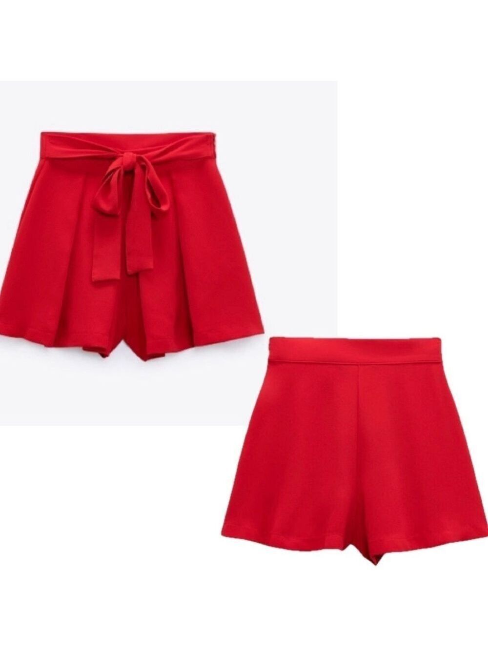 Zara red pleated dress shorts fabric belt tie waist M spring summer high waist